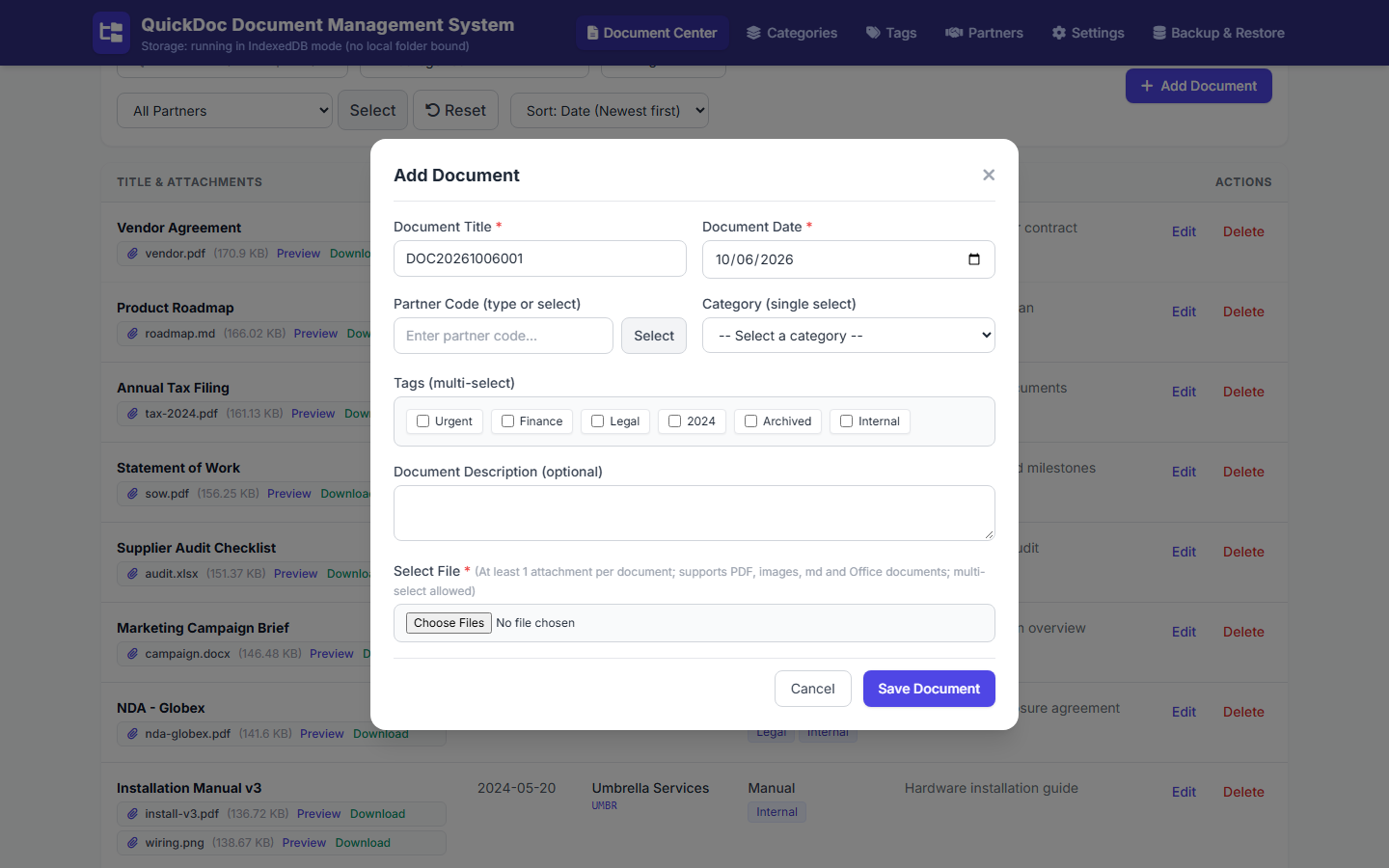 Add document with attachments