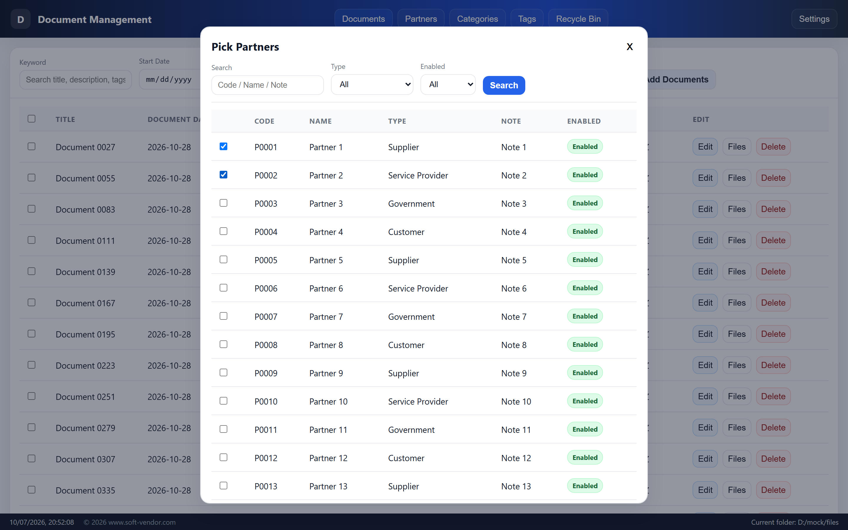 Partner filter with keyword, type and status filters and multi-select