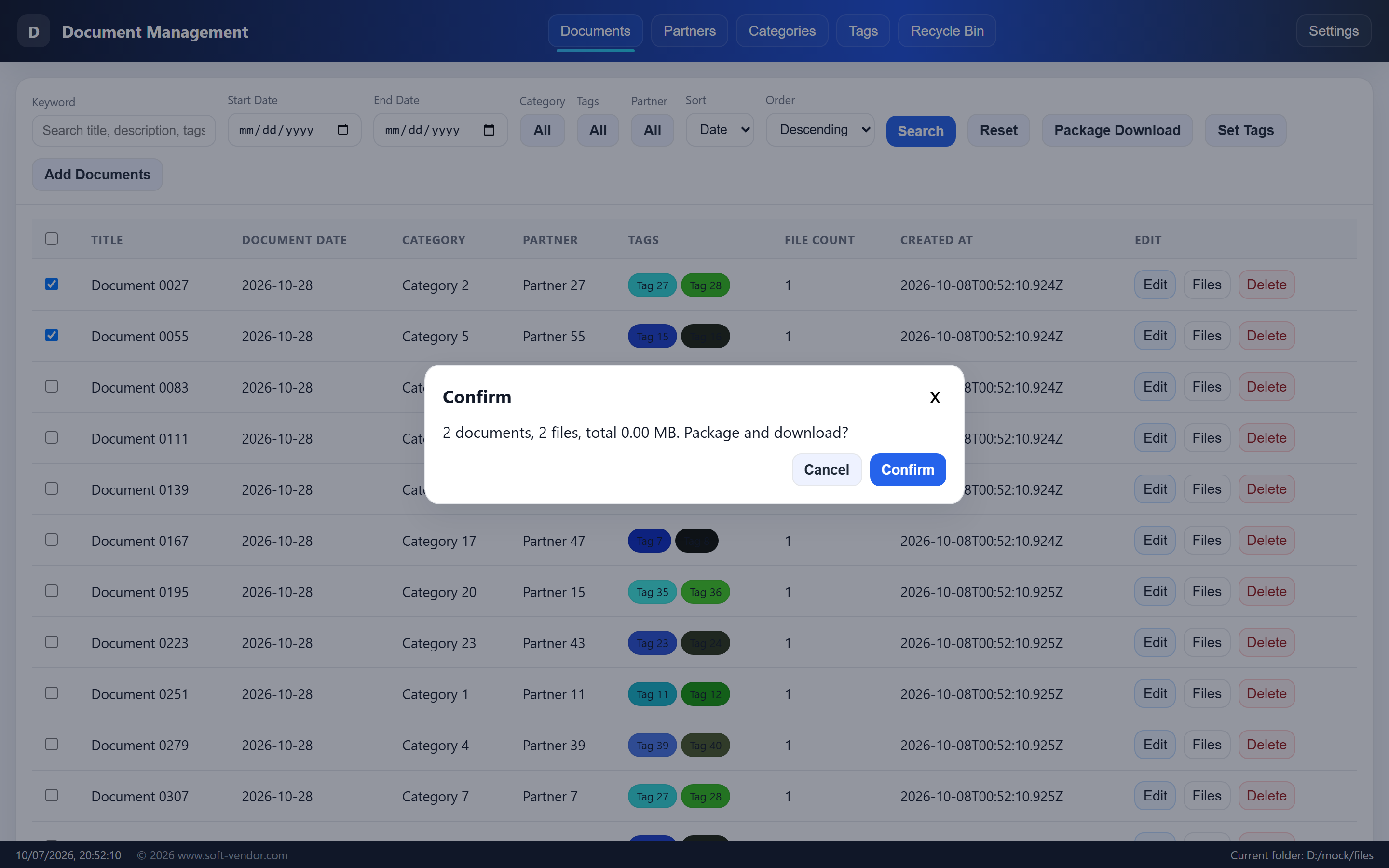 Package summary: documents, files and total size