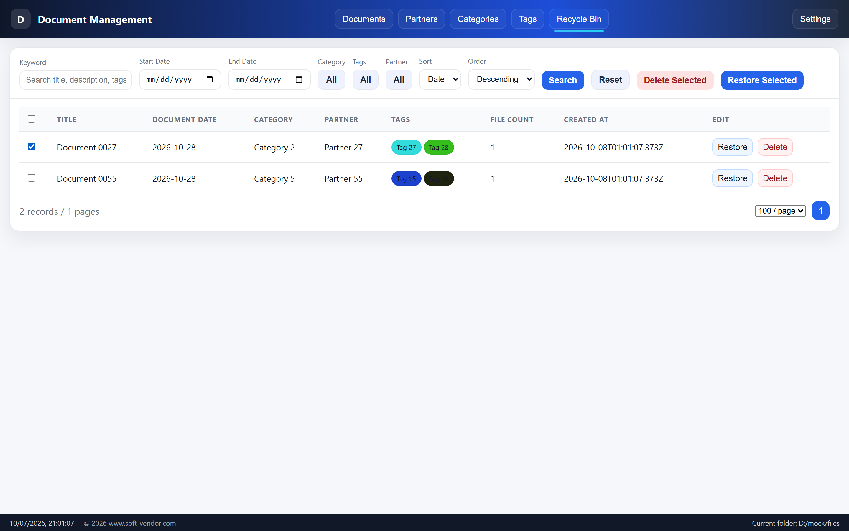 Recycle bin bulk restore and delete